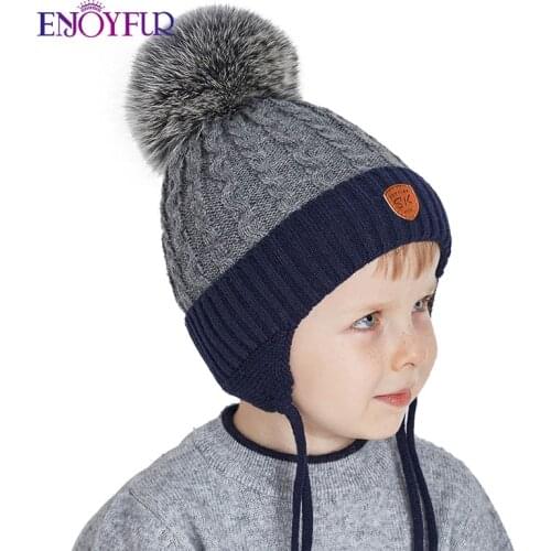 ENJOYFUR Warm Winter Baby Knitted Hats Real Fur Pompom Fleece lined Boy Caps Cute Thick Kids Elastic Earflap Outdoor Ski Beanies