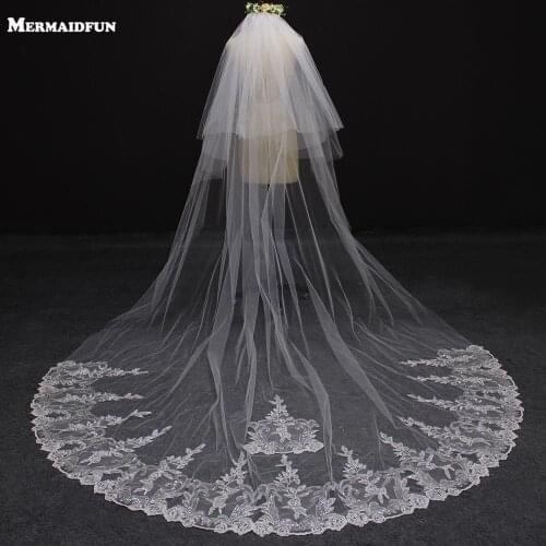 Real Photos Sparkling Sequins Lace 2 Layers Long Wedding Veil 2 T White Ivory Bridal Veil with Blusher Comb Voile de Mariee