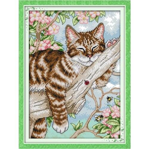 Joy Sunday Lazy cat sleeping on the tree cross stitch Cartoon series pattern chinese embroidery needleworks decorations for home