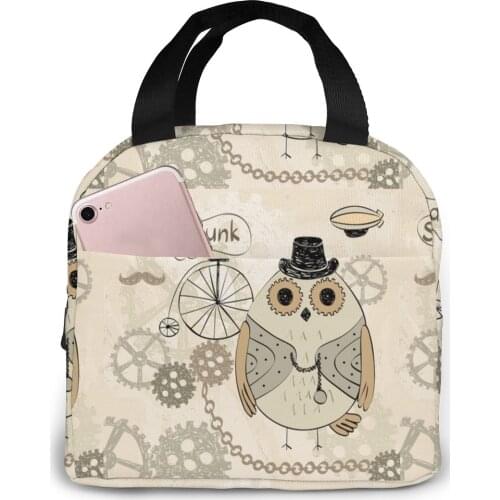Steampunk Owl Lunch Food Box Bag Fashion Insulated Thermal Food Picnic Lunch Bag for Women kids Men Cooler Tote Bag