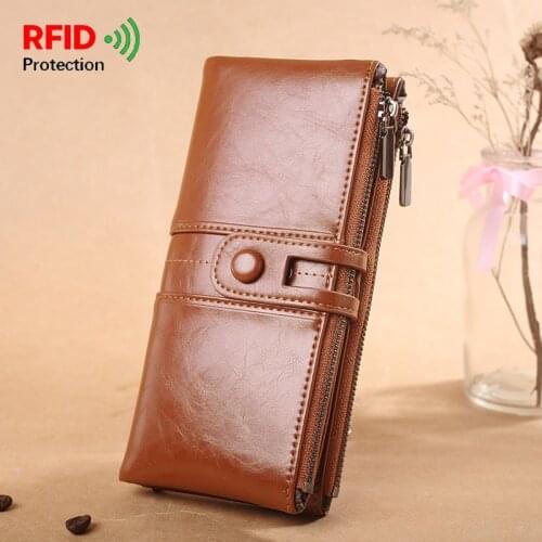 RFID Wallets High grade oil wax leather Long Wallet Women Retro Lady Purse Female Wallets Card Holder Clutch Carteras Man 2020