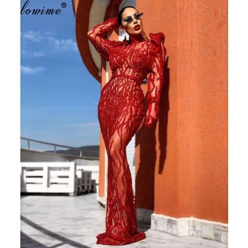 High Fashion Red Glitter Evening Dresses Long Transparent Arabic Prom Dresses Evening Wear Formal Women Party Dresses Robes