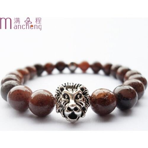 Man Stainless steel bead Aventurine lion head bracelet,Male Vintage 8MM natural yoga lion head charm Purple Aventurine bracelets