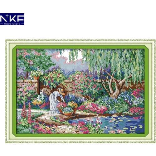 NKF Garden Girl Pattern Counted Cross Stitch Set DIY Needlework Embroidery Scenery Design Cross Stitch Kits for Home Decor