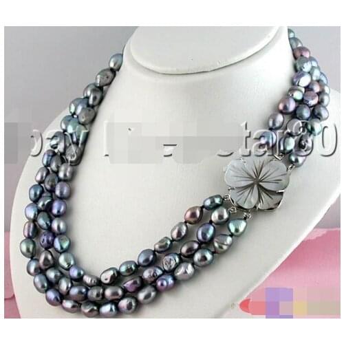 Wholesale free shipping 100% Natural jewelry 3ROW 10MM BAROQUE BLACK FRESHWATER PEARL NECKLACE SHELL