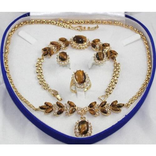 Hot sell Noble- hot sell new Yellow GP Inlay Tigers Eye Natural stone Necklace Bracelet Earring Ring No