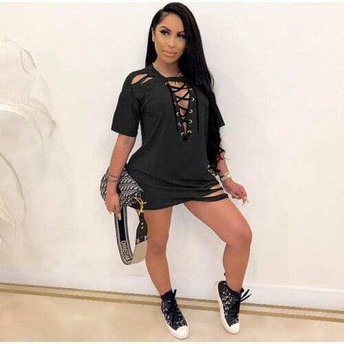 Short Sleeve Hole Shoulder Lace Up Dress Cross Bandage Top Solid Bodycon Drawstring Loose Style Outfits Plus Size One-piece