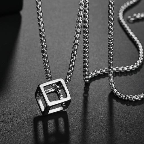 Hollow Cube Pendant for Men Magic Stainless Steel Square Vintage Necklace Punk Geometric Chain Women Charm Jewelry Necklaces