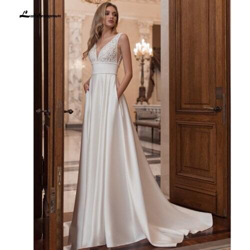 Romantic v neck Satin Wedding Dress with lace 2021 Simple Bridal Gown A Line Plus Size Wedding Dresses Robe de Mariage