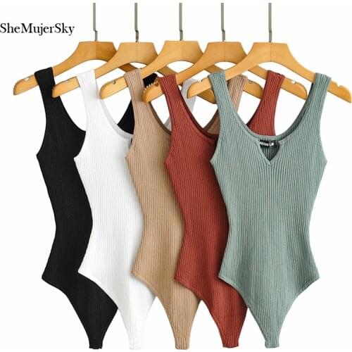 SheMujerSky Sexy Deep V-neck Bodysuits Womens Summer Sleeveless Knitted Elastic Slim Tops Jumpsuits 2021
