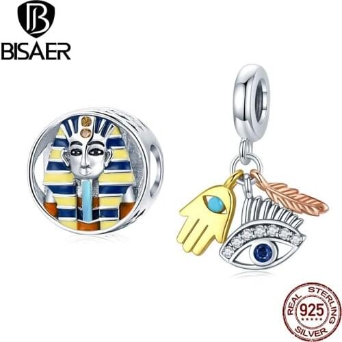 BISAER 925 Sterling Silver Zircon Egypt Lucky Guardian Pharaoh Charms Pendant Fit Bracelets Women Fashion Jewelry Making Gift