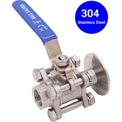 Stainless Ball Valve 1.5"TC to 1/2" Female BSP(NPT) 304 Stainless Steel 3-Piece Design 1/2"ID Valve Body