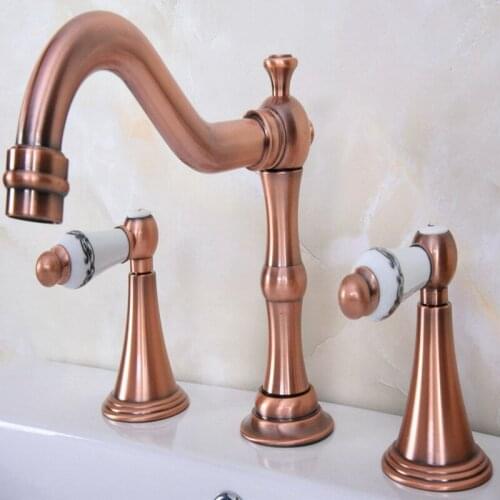 Deck Mounted 3 Holes Bath Tub Mixer Tap Vintage Retro Antique Red Copper Brass Widespread 2 Handles bathroom basin Faucet arg071