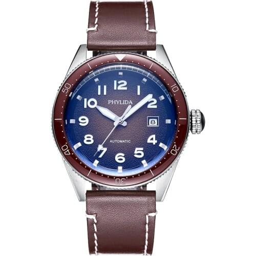 PHYLIDA Modern 2021 Business Sport Wristwatch Mechanical Brown Dial Watchesmen Automatic Stainless Steel Waterproof Bracelet