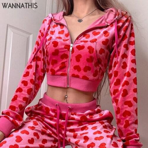 WannaThis Y2K Love Printing Two Piece Set Women Long Sleeve Hoodie Cropped Top and Womens Loose Pants Trousers Fitness Set 2021