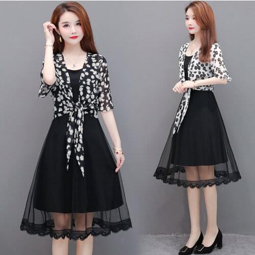 Plus Size Summer Clothes 2021 Fashion Two Pieces Suit Women Printed Chiffon Shirt and Spaghetti Strap Dress Set Female Y551