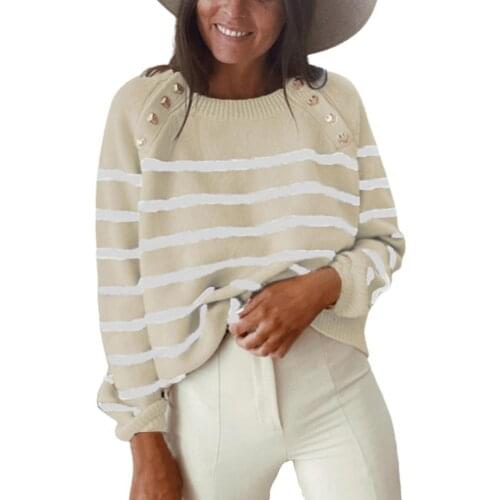 Women Sweater Pullover Horizontal Stripes Buttons Autumn Winter Knitted O Neck Long Sleeve Top Pullover Female Loose Sweater New