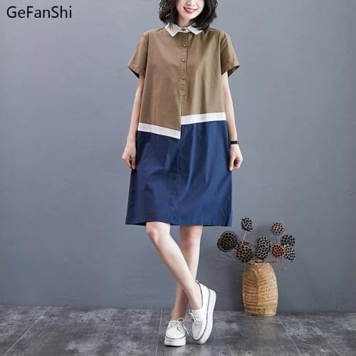New Summer Womens Dress Patchwork Colour Turn-down Collar Casual Loose Fashion Cotton Linen Short Sleeve Elegant Ladies Dresses
