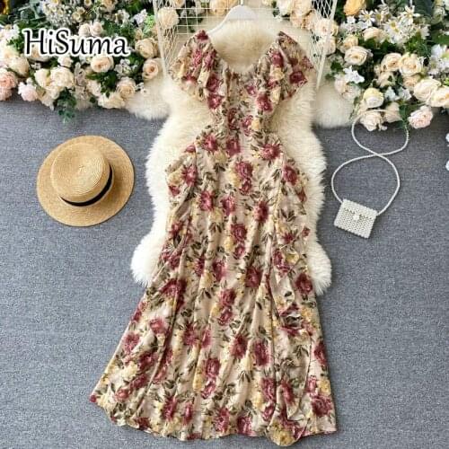 2021 summer new women v-neck single breasted flower print ruffles chiffon A-line dress female Chic elegant dresses