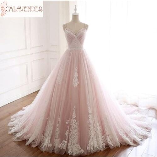 Tulle Pink Wedding Dress Ball Gown Spaghetti Lace Appliques Beaded Simple Wedding Gown Lace Up Back vestidos de novia cortos