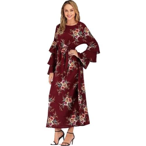 BianFeng Womens Muslim Fashion Floral Print Abaya Dress Loose Fit Long Petal Sleeve Skirt Round Neck Dress