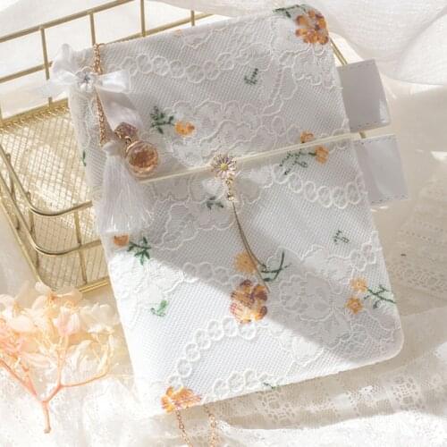 A6 Yellow flower lace pattern Notebook Strap tassel pendant Grid pages Diary Original Girl Notepad 100 Sheets Stationery Gift