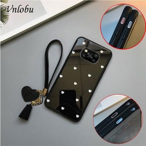 Love Heart Tempered Glass Case For Xiaomi POCO X3 NFC M3 MI 10T Pro 10 Lite CC9E 9SE Soft Silicone Lanyard Schockproof Cover