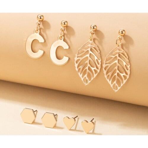 Docona 4pair/set Boho Hollow Leaves Drop Earrings Sets for Women Vintage Cute Heart Studs Earrings Fashion Jewelry Party Gift