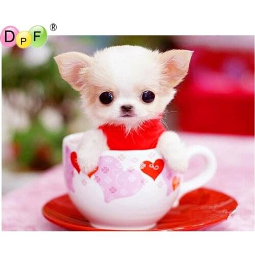 DPF Full Square 5D DIY Diamond Painting Cross Stitch Teacup White Dog diamond Embroidery Rhinestone diamond Mosaic Painting Gift
