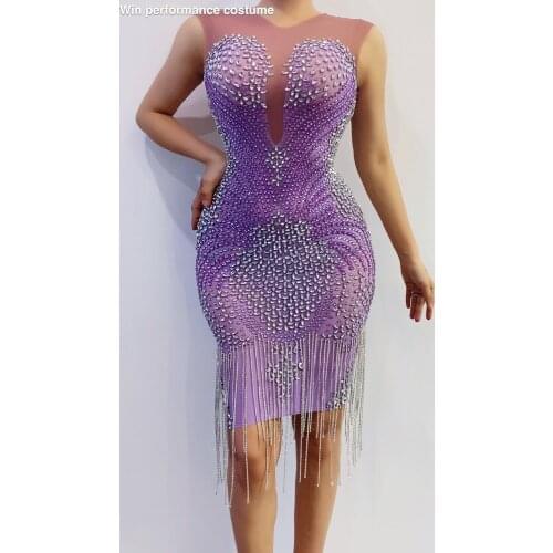 Purple Rhinestone Short Dress Womens Prom Birthday Celebrate Wear Women Singer Dancer Show Dress