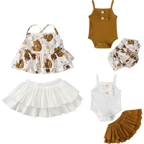 2021 Summer New Baby Girl Sets 2 Pieces Fashion Suspender One-piece Romper With Toddler Flower Tutu Skirts