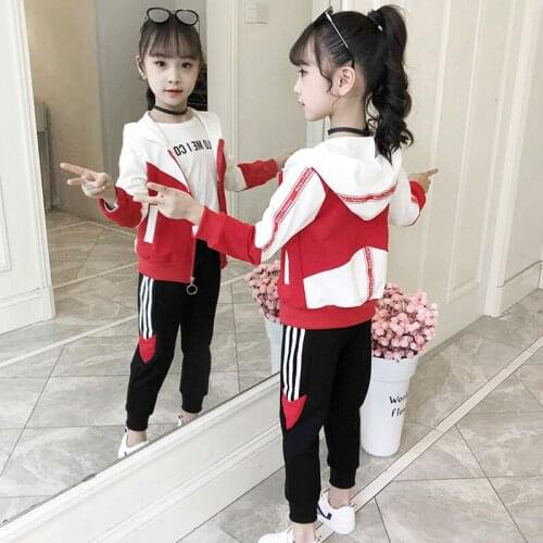 Hot Sale Girls Fashion Spliced Clothing Set 3 Pcs Childrens Color Blocking Clothes Big Kids Hooded coat + T-shirt + Pants P280