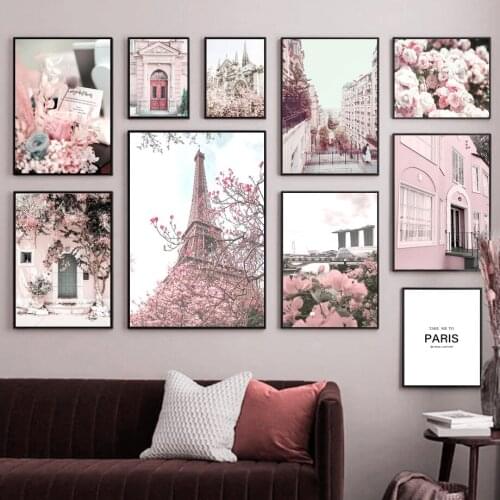 Pink Paris Tower Notre Dame Peony Street Wall Art Canvas Painting Nordic Posters And Prints Wall Pictures For Living Room Decor