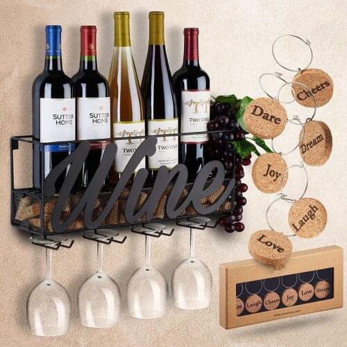 Wall Mounted Wine Rack Bottle & Glass Holder Come 6 Cork Wine Charms Home & Kitchen Storage Rack