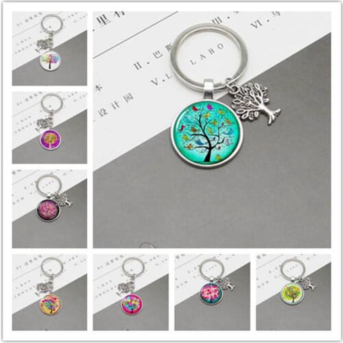 New fashion life tree glass pendant DIY charm metal keychain jewelry wholesale