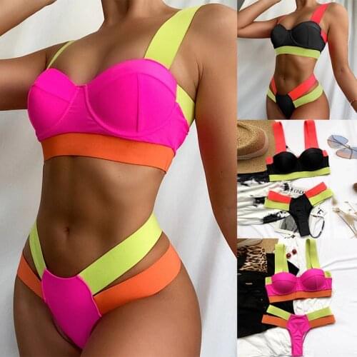 Hot kf-Womens Swimsuits Sexy Swimwear Patchwork Bikini Women Push Up Bikinis Bathing Suits