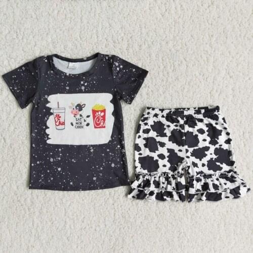 RTS baby girls kids clothes summer short sleeve tee shirt top ruffle shorts wholesale fashion 2pcs bleached top outfits clothing