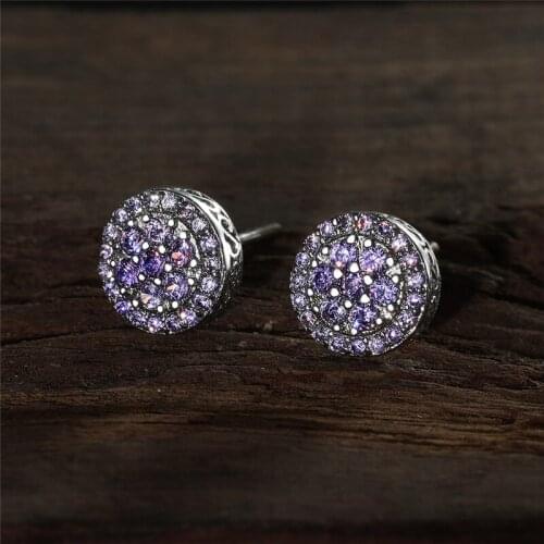 Purple Crystal Round Zircon Multilayer Screw Back Earrings For Women Dainty Jewelry Vintage Fashion Multicolor CZ Stone Earrings