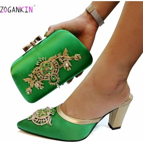 Latest Fashion Rhinestone Woman Shoes And Matching Bag Set Italian Style Pumps Shoes And Bag Set For Party Wedding in Green
