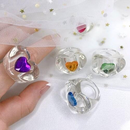 Y2K Jewelry Shiny Candy Color Heart Rings for Women Acrylic Vintage Handmade DIY Cute Rings Charms Harajuku 90s Aesthetic Gifts