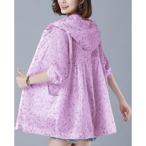 Print Sun Protection Clothing Women 2021 New Summer Middle-Aged Mothers Coat Zipper Thin Loose Anti-UV Hooded Jacket Women Tops