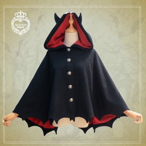 Womens Girls Lolita Woolen Cashmere bat Hooded Cape Riffle Bow Cosplay Coat Cute Dark Cloak Outwear Ponchos Batwing HalloweenMA1