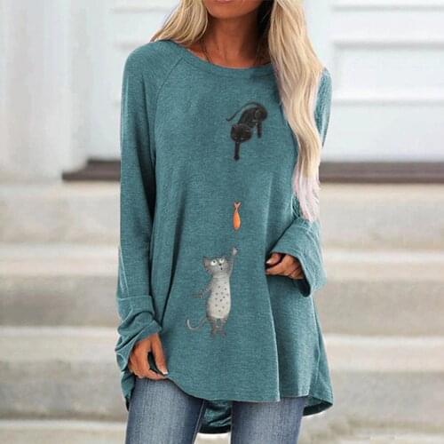 Womens T-shirt Summer Plus Size Tee Basic Shirts Women Two Cat Fish Print O Neck Short Sleeve Long Casual Female 4XL 5XL Tops F