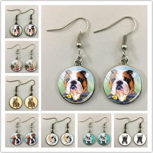 Fashion bulldog ladies earrings English bulldog earrings pendant round handmade glass dome ladies earrings