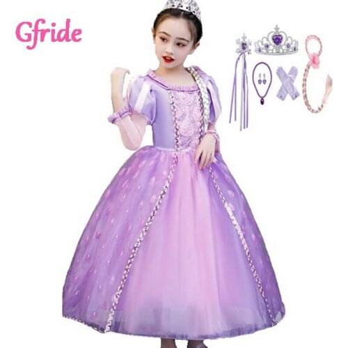 Girls Princess Rapunzel Costume With Headband Accessories Ruffle Neck Sequin Puff Sleeve Kids Birthday Party Sofia Clothing 2-8T