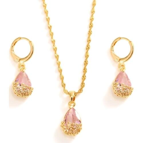 Womens Pendant Necklace Earrings Stud Woman Water Drop 18K Yellow Fine Gold GF Jewellery Set inlay Crystal Multicolor select