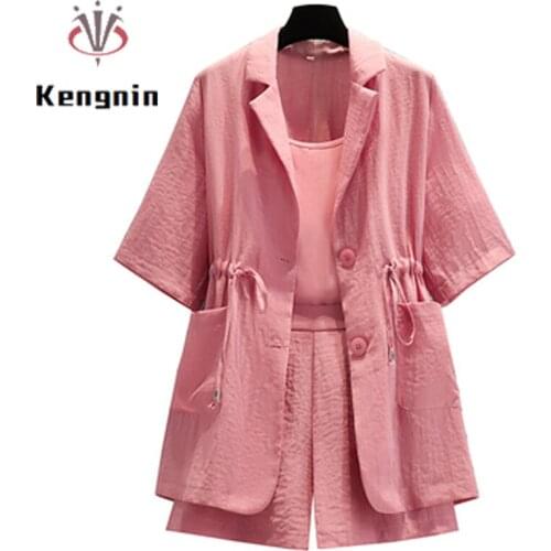 2021 Summer Women Sets Plus Size 4XL Loose Cotton Linen Draw String Blazers Three-Piece Suit Jacket + Strap Top + Short KE1556