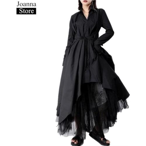 Spring New Gothic Long Dress Women Long Sleeve Single-Breasted Belt Slim Irregular Dresses Black Plus Size Loose Casual Clothes