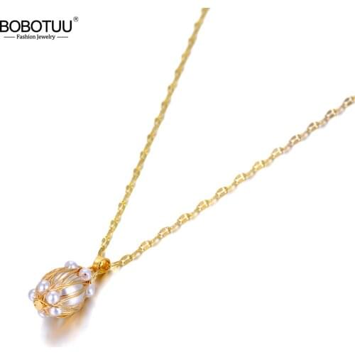 BOBOTUU Trendy Bohemia 316L Stainless Steel White Simulated Pearl Necklaces Lovely Pendant Choker Necklace For Women BN20076