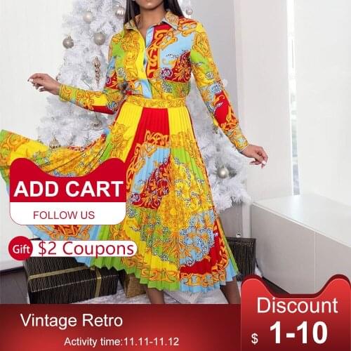 Vintage women printed high waist dress spring 2021 Party Dinner pleated midi robe femme vestiods office lady retro african New